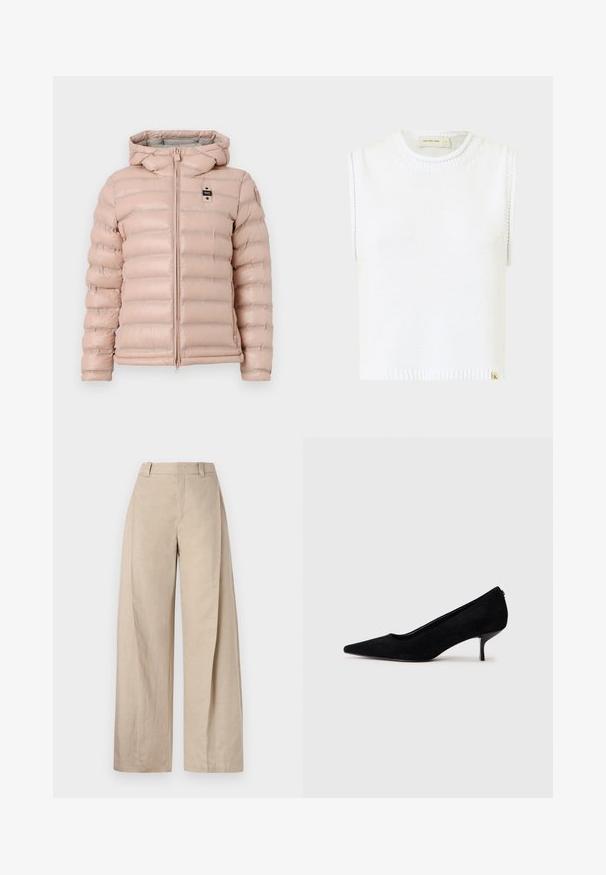 Casaco puffer rosa claro com capuz, apresentando secções acolchoadas horizontais, um fecho frontal e um pequeno logotipo no lado esquerdo do peito.; Top de malha sem mangas branco com decote redondo, bainha canelada e detalhes de costura lateral; apresenta uma pequena etiqueta de marca na parte inferior.; Calças largas de linho bege com cintura alta, apresentando uma textura suave e linhas limpas, desenhadas para um ajuste relaxado.; Sapato de salto alto em camurça preta com bico afunilado e salto baixo e fino. Textura suave com um design elegante, apresentando nenhum hardware visível.