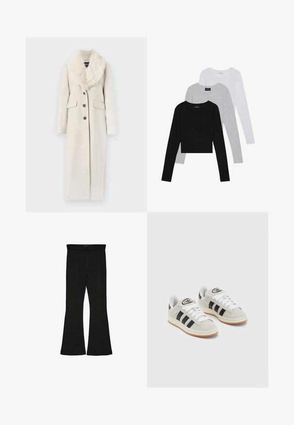 Dlouhý krémový kabát s límcem z umělé kožešiny, jednořadové zapínání, čtyři knoflíky a dvě přední kapsy. Hladká textura látky.; Tři trička s dlouhým rukávem naskládaná na sobě: černé, šedé a bílé. Každé má kulatý výstřih a kratší střih z hladkého, lehkého materiálu.; Černé legíny s rozšířením vyrobené z elastického materiálu. Mají široký pás a hladkou strukturu, s přiléhavým střihem, který se na lemu rozšiřuje.; Šedé semišové tenisky s bílými tkaničkami, černými pruhy a bílou gumovou podrážkou. Mají kulaté logo na jazyku a gumovou podrážku.