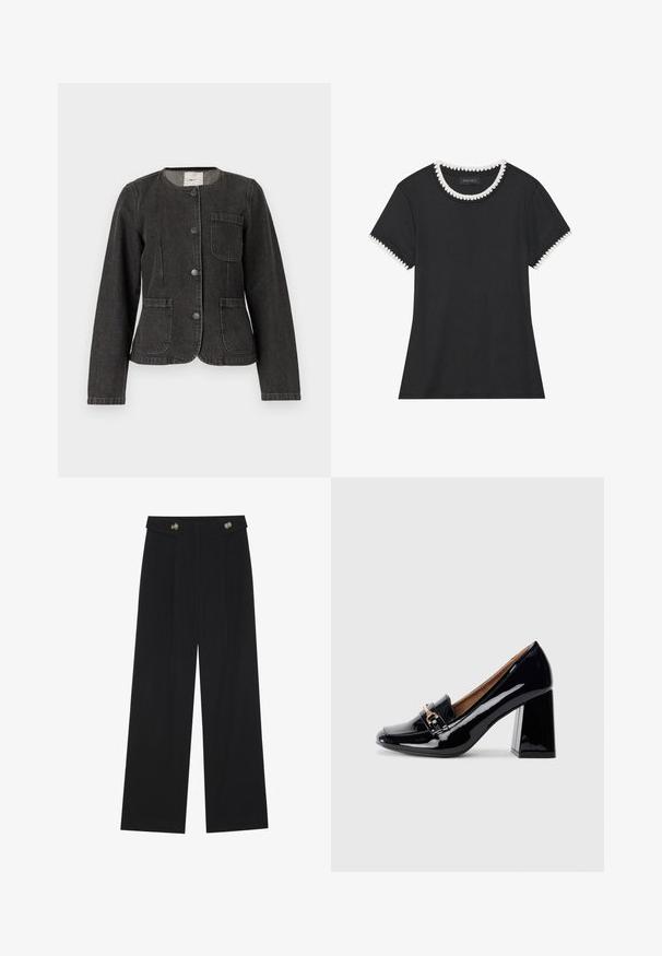 Juodas džinsinis švarkas su apvaliu kaklu, priekyje su mygtukų uždarymu, dviem priekinėm kišenėm ir subtiliais siuvinėjimo akcentais. Ilgos rankovės su prigludusiu dizainu.; Juodas marškinėliai su briaunota tekstūra, apvalia iškirpte, kurią puošia balti apvalūs kraštai, ir trumpomis rankovėmis su atitinkamais kraštų akcentais.; Juodi plačios kojos kelnės su aukštu liemeniu, sagų detalėmis ant liemens ir priekinėmis raukšlėmis.; Juodas lakinės odos aukštakulnis batas su smailiu nosiu ir blokiniu kulnu. Papuoštas dekoratyviniu dirželiu ir sagtimi ant bato priekinės dalies.
