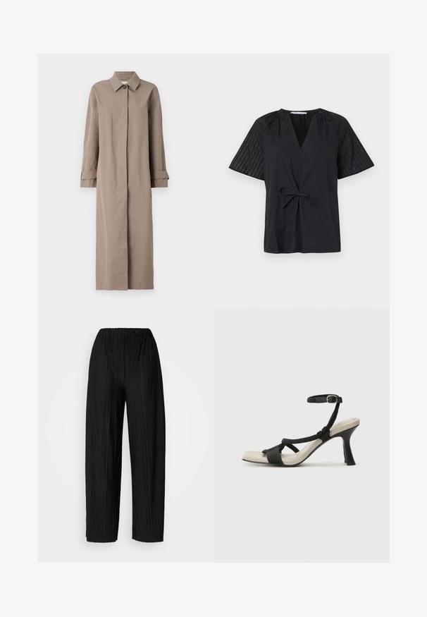 Dolg bež plašč iz teksturirane tkanine, ki ima ovratnik, zapiranje na gumb in manšete s krajšo dolžino. Minimalističen dizajn s ravno silhueto.; Črna majica z V-izrezom, kratkimi rokavi in pasom na zavezovanje. Ima strukturirano, vzorčasto blago na rokavih in gladek del na telesu.; Črne široke hlače z nagubanimi hlačnicami in elastičnim pasom. Tkanina vsebuje vertikalne gube in gladko teksturo.; Črne sandale na visoki peti z prepletenim trakom, kvadratnim nosom in nastavljivim gležnjenjem. Svetlo bež podplat z sijajno črno peto.