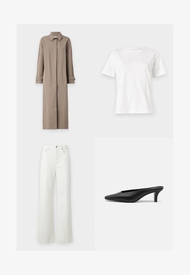 Garais bežs mētelis, kas izgatavots no strukturētas auduma, ar apkakli, pogu aizdari un aprocēm ar pagrieztām malām. Minimalistisks dizains ar taisnu siluetu.; Baltas kokvilnas T-krekls ar īsām piedurknēm, apaļu kakla izgriezumu un brīvu piegriezumu. Gluda tekstūra, bez rakstiem vai akcentiem, minimālistisks dizains.; Samsøe Samsøe SHELLY - Brīva piegriezuma džinsi - clear cream; Melnas ādas smailes čības ar zemu stiletto papēdi. Gluda tekstūra, minimālistisks dizains un atvērta aizmugure vieglai uzvilkšanai.