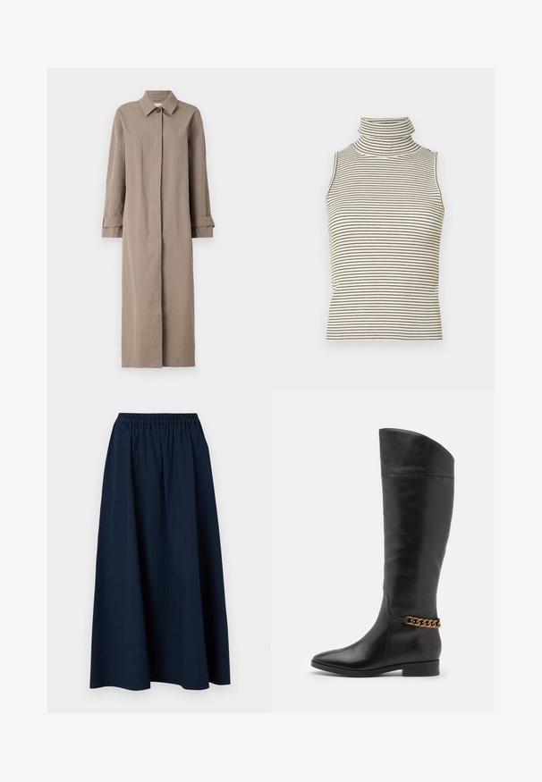 Pikk beež mantel tekstuursed kangast, millel on krae, nööpide sulgemine ja mansetiga varrukad. Minimalistlik disain, sirge siluett.; Varrukateta turtleneck-särk, millel on vertikaalsed mustad ja valged triibud, valmistatud tekstureeritud kudumkangast ning millel on kõrge ja tihedalt istuv krae.; Tumedat sinine, põrandapikkune seelik, mis on valmistatud tekstuurilisest kangast, millel on elastne vöökoht ja kerged püstised triibud.; Kõrged mustad nahast saapad, millel on stiilne disain, terav nina ja kuldne kett aktsent pahkluul. Madal plokk-konts. Sile tekstuur.