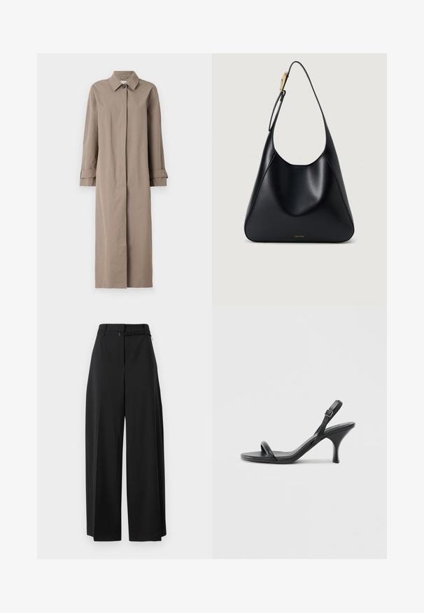 Lang beige kåpe laget av teksturert stoff, med krage, knappelukking og oppbrettede ermer. Minimalistisk design med rett silhuett.; Hvitt bomull T-skjorte med korte ermer, rund hals og en subtil preget Calvin Klein-logo på forsiden. Glatt tekstur, klassisk passform.; Svarte vide bukser med høy midje og belte. Har en jevn tekstur og rene linjer, designet for en avslappet passform.; Sorte skinnhøye hæler med en slank, buet hæl og et kryssrem-design. Justerbar ankelrem. Glatt tekstur.; Svart lær skulderveske med glatt tekstur, buet silhuett og gullfarge detaljer. Har preget merkevarelogo nederst.