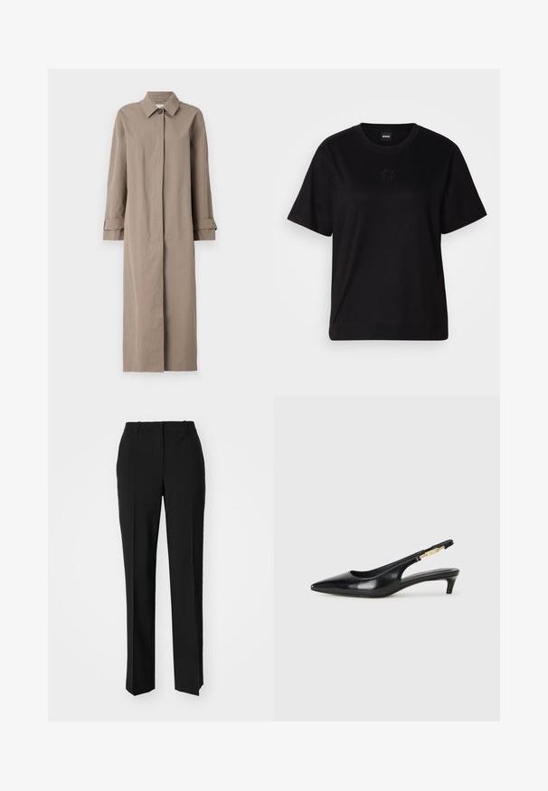 Dugi bež kaput od teksturirane tkanine, s ovratnikom, zatvaranjem na gumbe i rukavima s manžetama. Minimalistički dizajn sa ravnim siluetom.; Crna pamučna majica s okruglim izrezom, kratkim rukavima i izvezenim logotipom na prsima. Jednostavan, opušten kroj bez uzorka.; Crne krojene hlače ravnog kroja, s glatkom teksturom i oštrim pregibima naprijed. Bez vidljivih metalnih dijelova.; Crne kožne sandale s petom, s izduženim vrhom, imaju usku petu i zlatni akcent na podesivoj traci. Glatka tekstura.