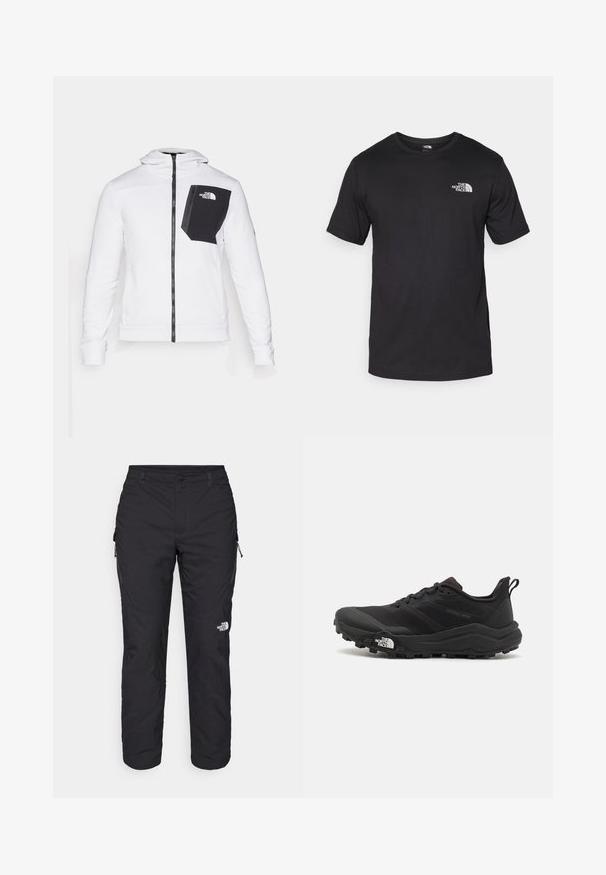 The North Face Fliisjakk - white/black; Must have lühikeste varrukatega must T-särk, mis on valmistatud puuvillast, ümmarguse kaelusega ja väikese valge logoga vasakus ülanurgas.; The North Face WINTER EXPLORATION TAPERED CARGO - Õuepüksid - black; Must tume jooksujalats musta värvi, tekstuurse ülemise osaga, kummist tallaga ja tugevdatud varbaga. Omab pehmendusega krae ja tõmblinti mugavaks selga panemiseks.