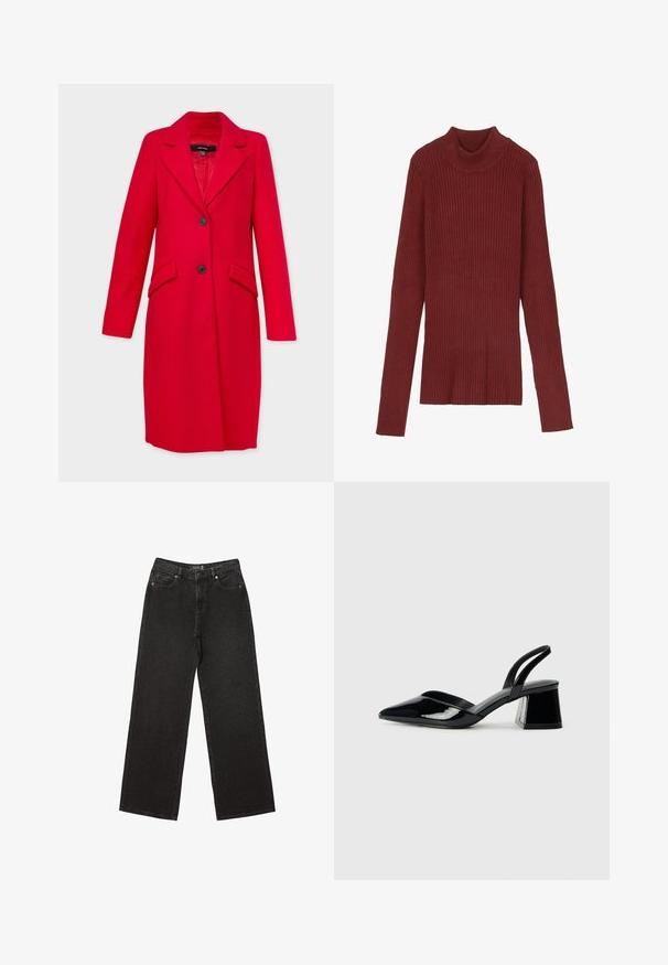 Vero Moda Tall VMFORTUNESARA LONG COAT - Klasični plašč - salsa; Ribana, maroon turtleneck pulover z dolgimi rokavi in oprijetim krojem. Mehak otip, minimalističen dizajn in brez vidnih delov.; Črne široke jeans hlače iz denima, z majhnimi pikčastimi vzorci, klasičnim petim žepom ter z gumbom in zadrgo za zapiranje.; Črne lakirane slingback pete s koničastim nosom in geometrijsko blokasto peto. Imajo eleganten, minimalističen dizajn in gladko teksturo.