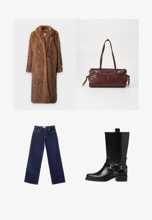 Brun faux fur frakke med en blød, tekstureret overflade. Den har en sjalkrave og åben front, strækker sig til knæ længde med lange ærmer.; Sort striktrøje med lange ærmer, polstrede skuldre og ribkantede manchetter og kant, vist mod en hvid baggrund.; Mørkeblå brede jeans lavet af denim, med kontrast-syninger, fem-lomme design og knaplukning.; Sort læderknæhøj støvle med spids tå, sølv spænde detaljer og en robust hæl. Har en trækflap for nem påtagning.; Bordeaux læder håndtaske med to skulderremme, hardware i guld tone og lynlås lukning. Har en glat overflade og subtile syninger.