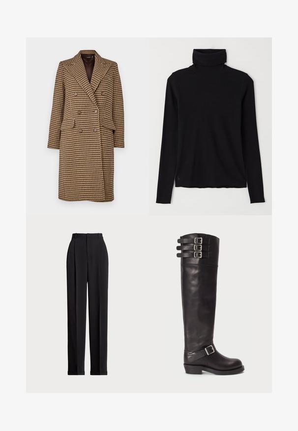 Lauren Ralph Lauren DOUBLE BREASTED HOUNDSTOOTH COAT - Klasičan kaput - brown/tan; Crna majica s visokim ovratnikom od rebrastog materijala. Dugi rukavi, uski dizajn i blago opuštena donja linija bez vidljivih uzoraka ili hardvera.; Crne krojene hlače s visokim strukom, s naborima sprijeda, ravnim krojem i običnim rubom. Izrađene od glatkog materijala.; Crne kožne čizme do koljena s zaobljenim vrhom, tri remenska kopče na vrhu i bočnim detaljem kopče. Ravni potplat i glatka tekstura.