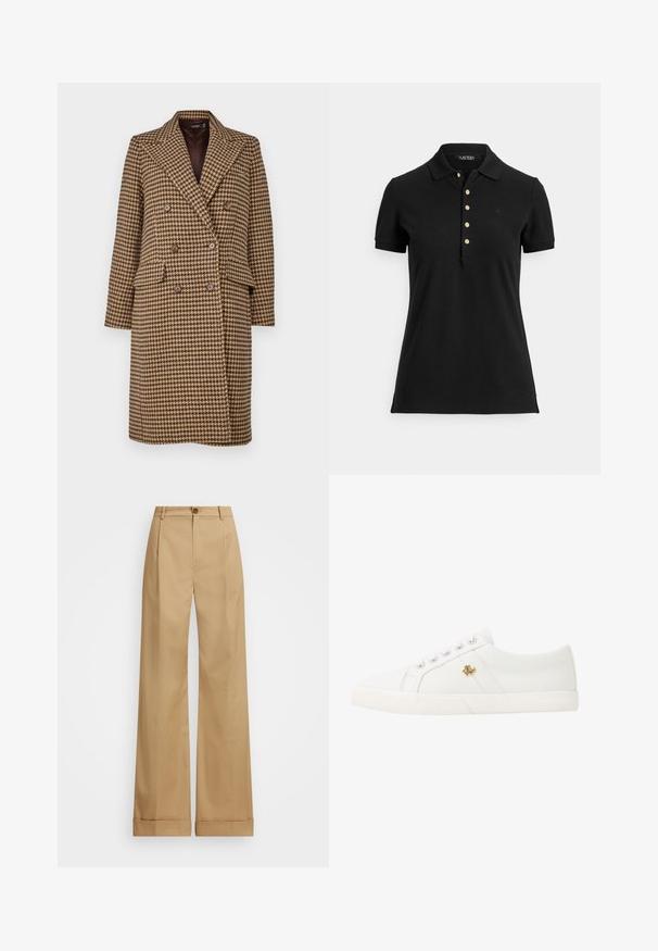 Lauren Ralph Lauren DOUBLE BREASTED HOUNDSTOOTH COAT - Classic coat - brown/tan; Black polo shirt made of textured fabric, featuring a collar, short sleeves, and a placket with gold buttons. Subtle logo detail on the chest.; Beige wide-leg trousers with a button closure, featuring a smooth texture and pressed creases. Cuffed hems for added detail.; Lauren Ralph Lauren JANSON II CANVAS SNEAKER - Trainers - optic white