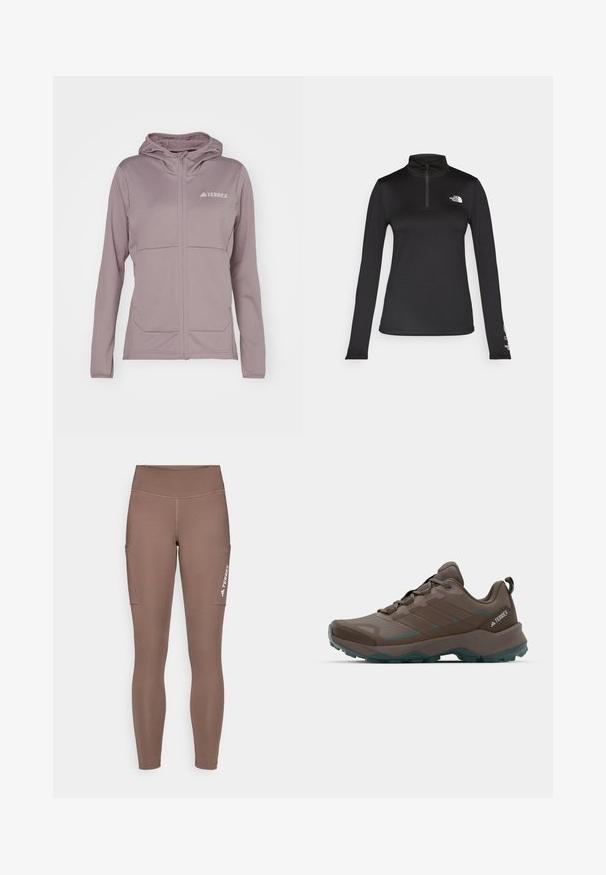adidas Terrex TERREX XPERIOR LIGHT FLEECE HOODED JACKET - Jakna od flisa - preloved fig; The North Face FLEX 1/4 ZIP GRAPHIC - Top dugih rukava - black; Smeđe atletske tajice s visokim strukom, s bočnim džepovima i bijelim logotipom. Glatka, rastezljiva tkanina za udobnost i pokretljivost.; Sive i tirkizne planinarske cipele s mrežastim panelima, teksturiranim gornjim dijelom i čvrstim gumenenim potplatom. Imaju podstavljeni jezik i dizajn sa vezicama.