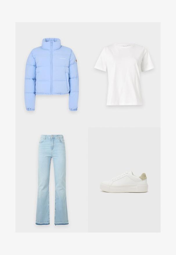 Világoskék, rövidített pufi kabát magas gallérral, elülső cipzárral, steppelt textúrával és hímzett logóval a mellkasán.; Fehér pamut póló rövid ujjakkal, kerek nyakkivágással és laza szabással. Sima textúra, nincsenek minták vagy díszítések, minimalista dizájn.; Világoskék, trapéz fazonú farmernadrág, magas derékkal, elülső zsebekkel és nyers szegéllyel a szárakon, amely laza megjelenést kölcsönöz.; Fehér sneaker sima bőr felsőrésszel, világosszürke velúr sarkú kiegészítéssel és masszív fehér gumitalppal. Fűzős kialakítású.