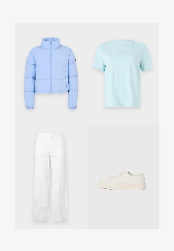 Svetlo modra skrajšana puffer jakna z visokim ovratnikom, sprednjim zadrgo, prešito teksturo in vezenim logotipom na prsih.; Svjetloplavi pamučni majica s kratkim rukavima, okruglim izrezom i suptilnim vezom 'Calvin Klein' na prednjoj strani.; Bela široka hlače iz lahkega materiala, ki se ponašajo z gladko teksturo, čistimi linijami in visokim pasom.; Tenisice iz off-white platna, z nizkim dizajnom, okruglim prstom in ravnim gummy podplatom z nevsiljivo šivano podrobnostjo.