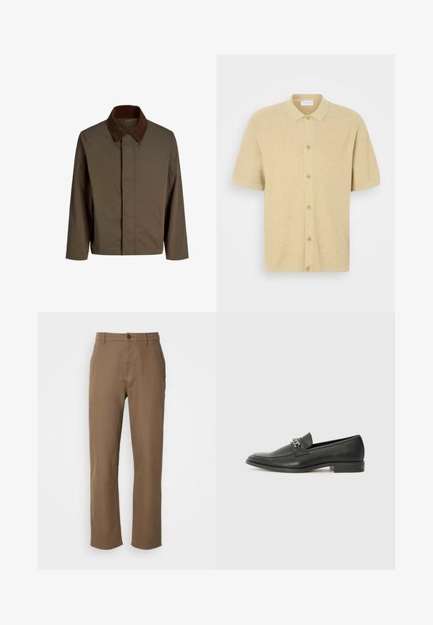 Brun stoffjakke med en mørkebrune cordfløyelskrage, med rett snitt, lange ermer og frontlukking uten synlig hardware.; Korte ermet polo skjorte i lys beige, laget av teksturert stoff. Har knapplukking foran og en klassisk krage.; Brune, bomullsbukser med rett passform, knappeåpning og sidelommer. Har en glatt tekstur og et enkelt, uforstyrret design.; Sorte skinnloafers med en glatt finish, og med en sydd design og en dekorativ metallkjedeakcent over foten. Flat hæl.