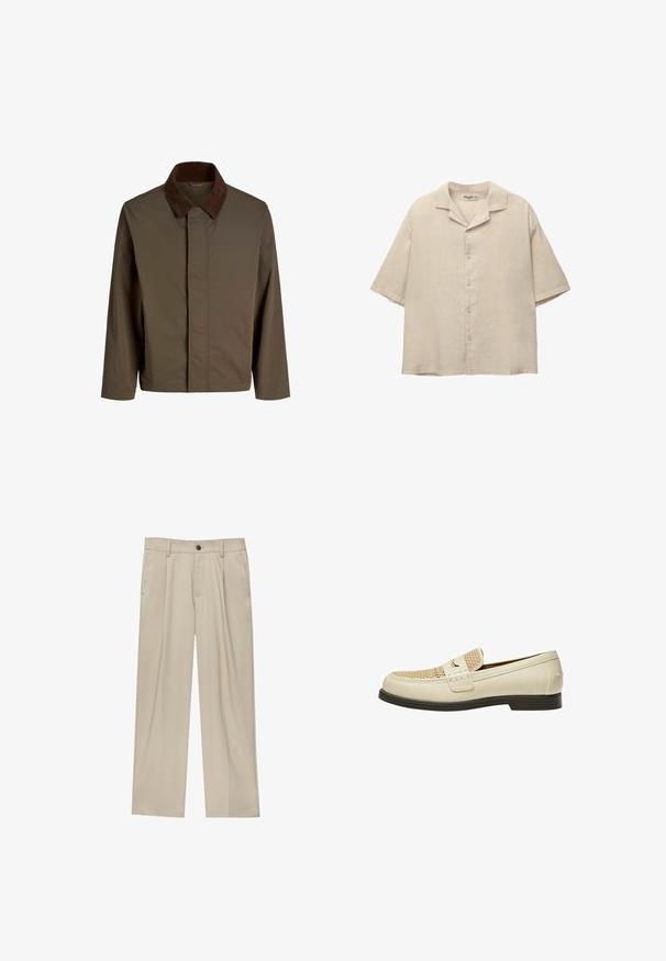 Brown fabric jacket with a dark brown corduroy collar, featuring a straight cut, long sleeves, and a front closure without visible hardware.; Short-sleeve beige shirt in a lightweight fabric, featuring a notched collar and five buttons down the front, with a relaxed fit.; Beige trousers with a straight cut, featuring a single black button, belt loops, and side pockets. Smooth fabric texture and minimal design.; Beige leather loafers with woven detail on the toe and a flat brown sole. Features a decorative strap across the front.