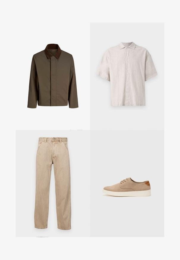 Rudas audinys švarkas su tamsiai rudą švarką, su tiesiu kirpimu, ilgomis rankovėmis ir priekine uždarymo sistema be matomų detalių.; Šviesiai pilkas trumpas rankovėmis marškiniai, pagaminti iš lininio audinio. Yra mygtukų užsegimas priekyje, plokščias apykaklė ir laisvas kirpimas su minkšta tekstūra.; Smėlio spalvos džinsai su tiesia kojų siluetu, turintys priekinę kišenę, metalinį mygtuką ir subtilią tekstūrą.; Bežiniai zomšiniai sportbačiai su apvaliomis pirštų dalimis, raišteliais priekyje ir tekstūruotu užkulniu. Balta guma suteikia kontrastą. Paprastas ir modernus dizainas.
