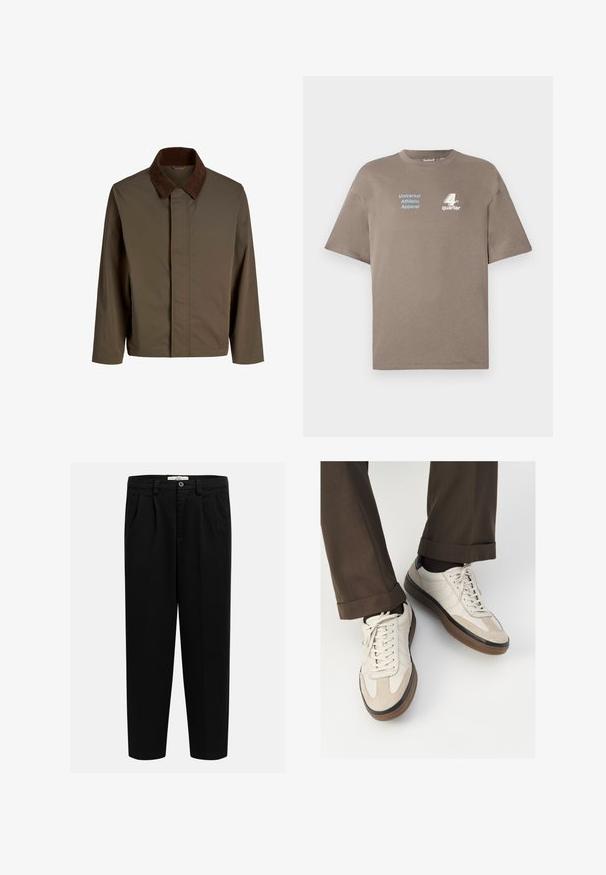 Giacca di stoffa marrone con colletto in corduroy marrone scuro, caratterizzata da un taglio dritto, maniche lunghe e una chiusura frontale senza hardware visibile.; T-shirt in cotone marrone con scollo rotondo. Presenta il testo blu "Universal Athletic Apparel" e il logo bianco "4th quarter" sulla parte frontale. Maniche corte.; Pantaloni neri in morbido tessuto, con design a gamba dritta, pieghe frontali e chiusura con bottone in vita.; Sneakers beige con una parte anteriore in suede testurizzato, lati in pelle liscia e una suola in gomma marrone. Inclusi lacci e dettagli di cucitura leggera.