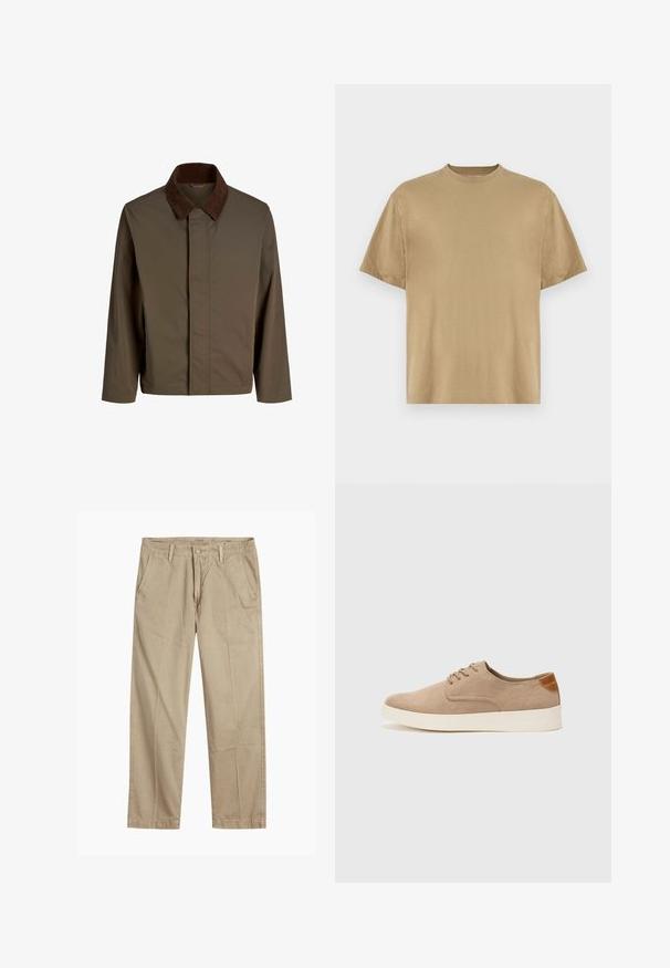 Bruine stoffen jas met een donkerbruine corduroy kraag, met een rechte snit, lange mouwen en een sluiting aan de voorkant zonder zichtbare bevestigingen.; Khaki T-shirt met korte mouwen, gemaakt van zachte stof, met een ronde hals en een losse pasvorm. Geen patronen of graphics zichtbaar.; Beige rechte pijpen chinos met riemlussen, voorkant met knoop en rits sluiting, en schuine voorzakken.; Beige suède sneakers met een ronde neus, vetersluiting aan de voorkant en een getextureerde achteraccent. De witte rubberen zool zorgt voor contrast. Eenvoudig en modern ontwerp.