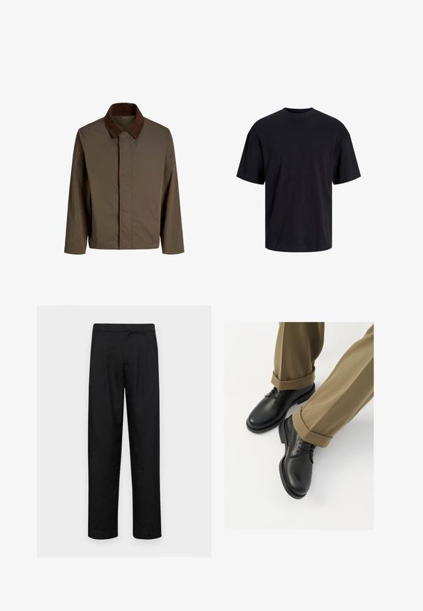 Chaqueta de tela marrón con un cuello de pana marrón oscuro, con corte recto, mangas largas y un cierre frontal sin herrajes visibles.; Camiseta de algodón negra con cuello redondo, mangas cortas y un ajuste relajado. Textura suave y sin patrones ni acentos visibles.; Pantalones negros de tela suave, con un diseño de pierna recta, dos pliegues frontales y una cintura estándar con trabillas para el cinturón.; Zapatos de dress de cuero negro con un acabado suave, con cordones y punta redondeada, combinados con pantalones caqui arremangados.