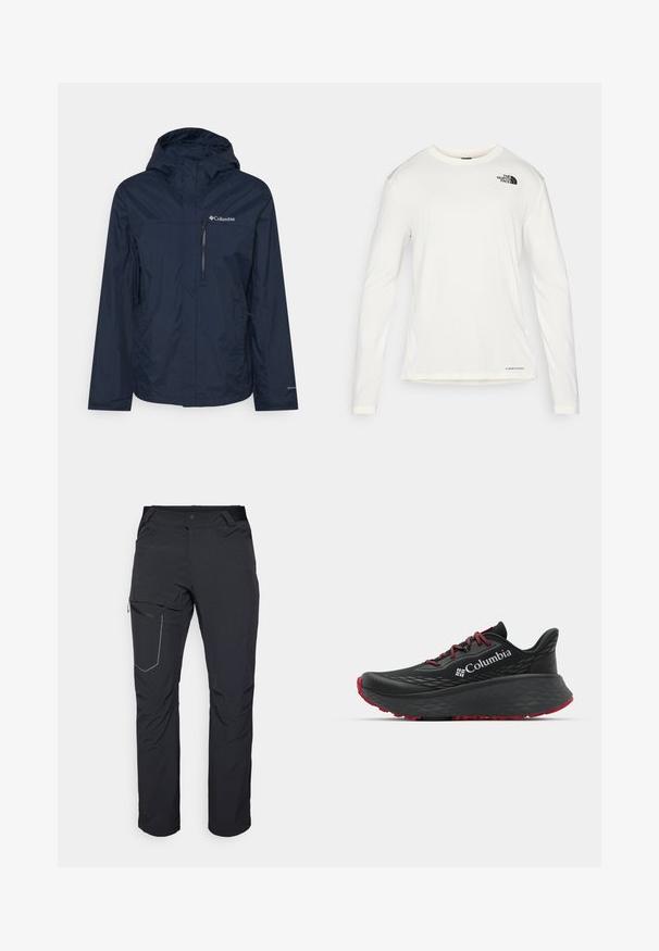 Columbia POURING ADVENTURE JACKET - Giacca hard shell - collegiate navy; Camicia bianca a maniche lunghe con colletto tondo, tessuto testurizzato, logo nero sulla spalla sinistra e branding sottile sul fondo.; Pantaloni neri da esterno con tasca a zip sulla coscia, cintura elastica e tessuto liscio, resistente all'acqua. Design pulito senza loghi visibili.; Scarpa sportiva nera con tomaia testurizzata, lacci rossi e logo. Suola spessa con battistrada a righe per una buona aderenza. Design minimalista, vista laterale.