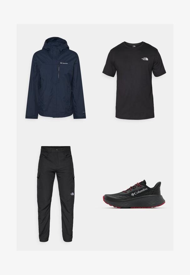 Columbia POURING ADVENTURE JACKET - Hardshell jakna - collegiate navy; Črna kratko sleeved majica iz bombaža, s krožnim izrezom in majhnim belim logotipom na zgornjem levem delu prsnega koša.; The North Face HORIZON PANT - Hlače za na prostem - black; Črne atletske čevlje s teksturiranim zgornjim delom, rdečimi vezalkami in logotipom. Debel podplat s patternom za boljši oprijem. Minimalistična zasnova, stranski pogled.