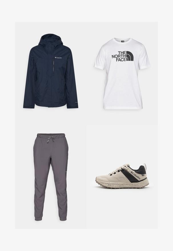 Columbia POURING ADVENTURE JACKET - Giacca hard shell - collegiate navy; T-shirt bianca in cotone con stampa grafica nera che presenta testo e un design del logo curvo. Collo rotondo e maniche corte. Texture semplice.; Pantaloni grigi, leggeri, con vita elastica e coulisse regolabile; gamba affusolata; texture liscia; include dettaglio del logo sul lato.; Sneakers Columbia in beige e nero, con una tomaia in mesh testurizzato, intersuola maculata e suola in gomma resistente per una migliore aderenza.
