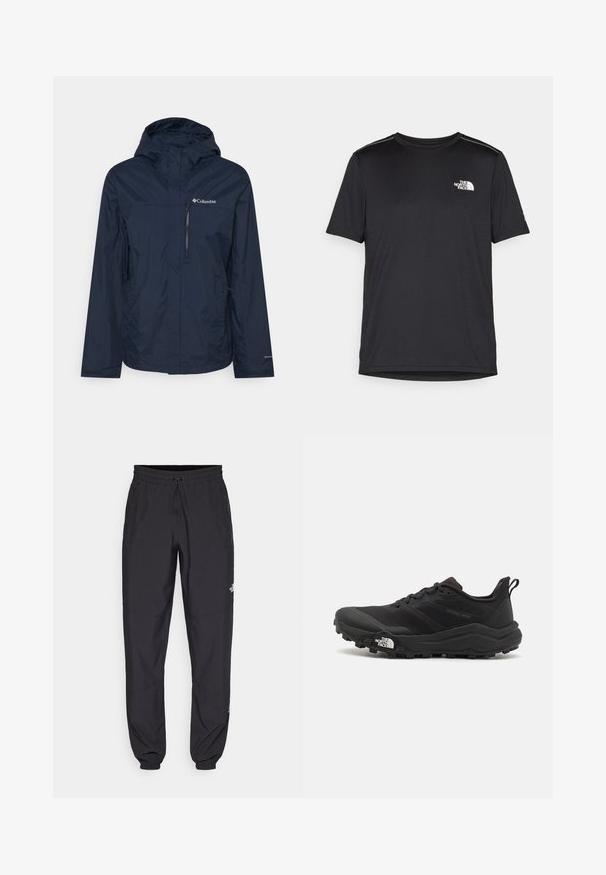 Columbia POURING ADVENTURE JACKET - Veste Hardshell - collegiate navy; T-shirt noir à manches courtes en tissu léger. Présente un petit logo blanc sur la poitrine gauche et des accents subtils aux épaules.; Pantalon de sport noir en tissu léger, avec une taille à cordon, des poches latérales et des chevilles resserrées.; Chaussure de trail running noire avec une tige texturée, semelle en caoutchouc et bout renforcé. Présente un col rembourré et une tirette pour un enfilage facile.