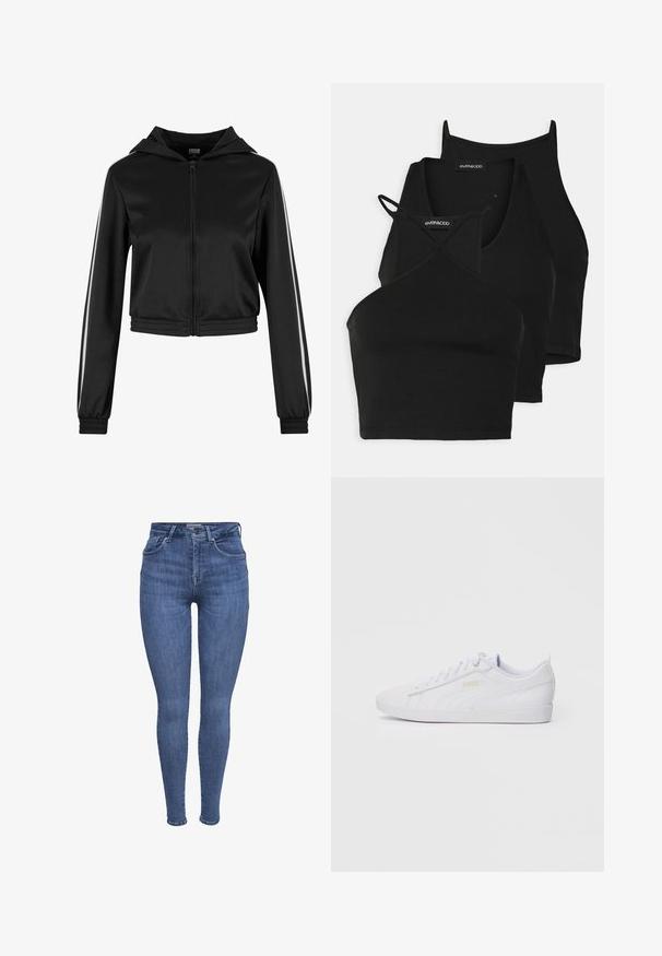 Black zip-up cropped hoodie with a hood, featuring silver side stripes and elastic cuffs, made from a smooth, lightweight fabric.; Black cropped tops in soft, stretchy fabric with thin straps and a crisscross design. Features a rounded neckline and seamless finishing.; Blue high-waist skinny jeans with front pockets, button, zipper closure, and belt loops, displayed on a white background.; White low-top Puma sneaker with lace-up front, subtle branding on side and sole, and smooth synthetic upper for casual wear.