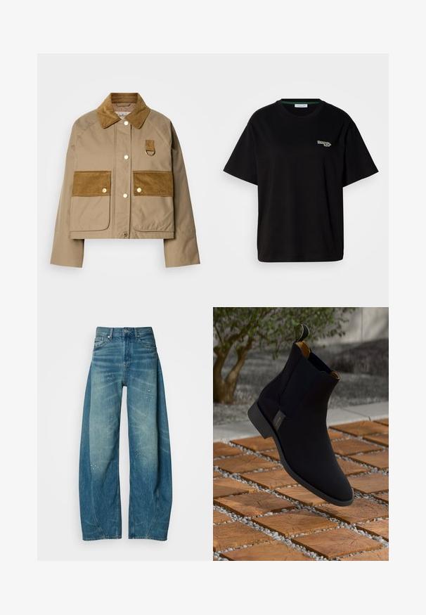 Casaco bege com colarinho de veludo cotelê e bolsos. Apresenta botões de latão e um detalhe em laço. Textura suave com acabamentos em tecido contrastante.; T-shirt preta de algodão com mangas curtas, apresentando um pequeno logótipo verde no lado esquerdo do peito. Decote redondo clássico, ajuste descontraído.; Jeans de ganga azuis claros, de perna larga, com áreas desbotadas e pequenos detalhes de manchas de tinta. Apresenta um design clássico de cinco bolsos e fecho com botão.; Botim de tornozelo em couro preto com um acabamento suave, forro amarelo e uma alça para puxar; colocado sobre uma superfície texturizada de madeira e cascalho.