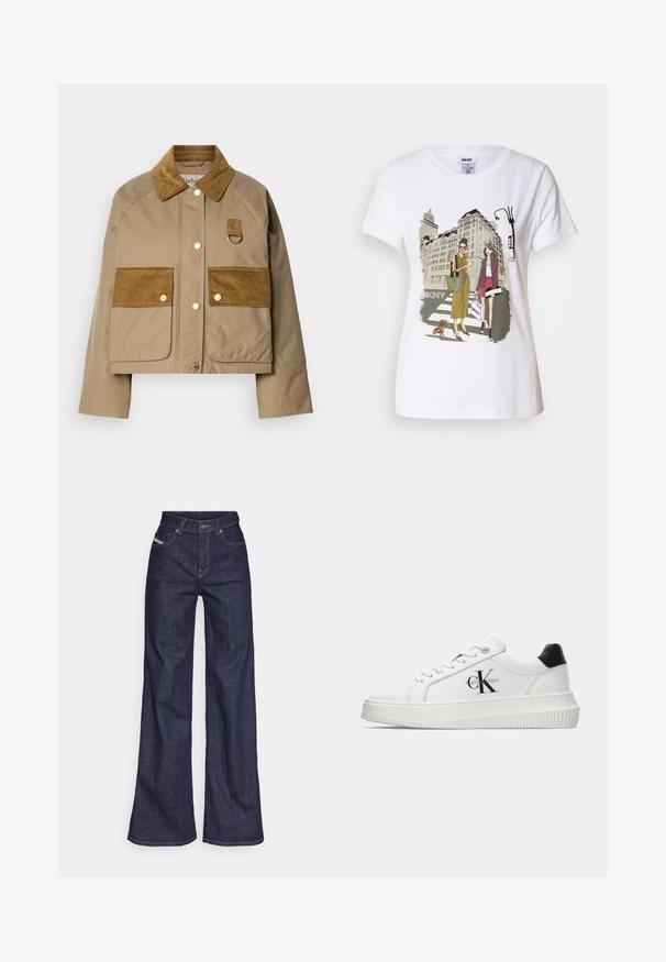 Tan jacket with corduroy collar and pockets. Features brass buttons and a loop detail. Smooth texture with contrasting fabric accents.; White cotton T-shirt featuring a printed illustration of two women in urban fashion styles with a dog on a crosswalk and city buildings.; Dark blue wide-leg jeans in denim fabric with a high waist, featuring orange stitching, five-pocket design, and a button closure.; White low-top sneaker with black heel tab, platform sole, laces, and Calvin Klein "CK" logo on the side.