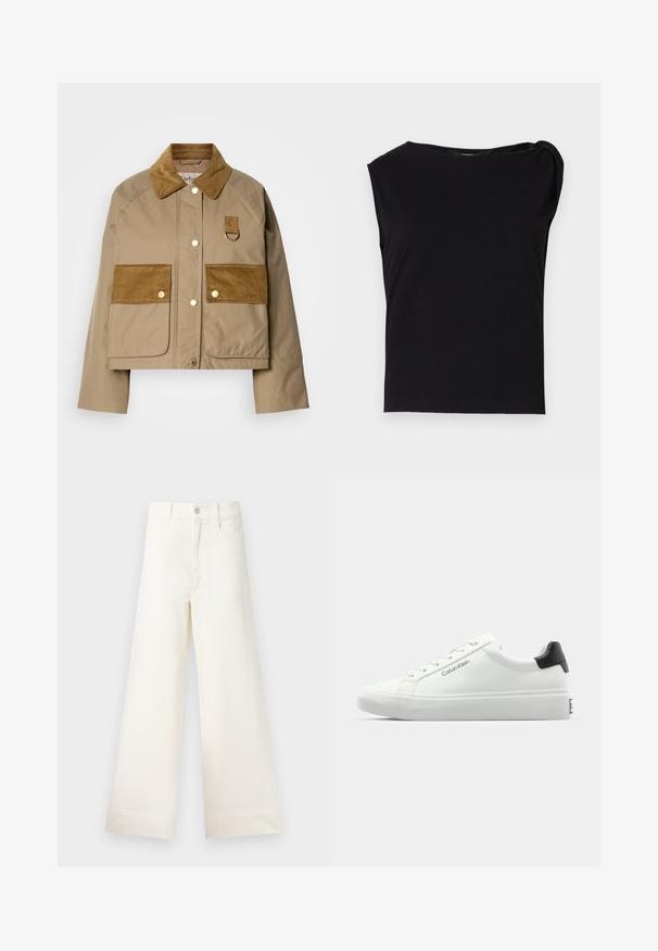 Gouden jacket met corduroy kraag en zakken. Heeft messing knopen en een lusdetail. Gemakkelijke textuur met contrasterende stofaccenten.; Zwart kortmouwtop gemaakt van soepel stof. Heeft een ronde halslijn en een gedrapeerd detail op de schouder. Eenvoudig, aansluitend ontwerp.; Bredere broek van lichtbeige katoen. Heeft een hoge taille, voorzakken en een rechte snit. Schoon afgewerkte zoom zonder patronen.; Witte sneaker met een gladde afwerking, zwarte hielaccenten en vetersluiting. Bevat "Calvin Klein" branding aan de zijkant. Minimalistische stijl.