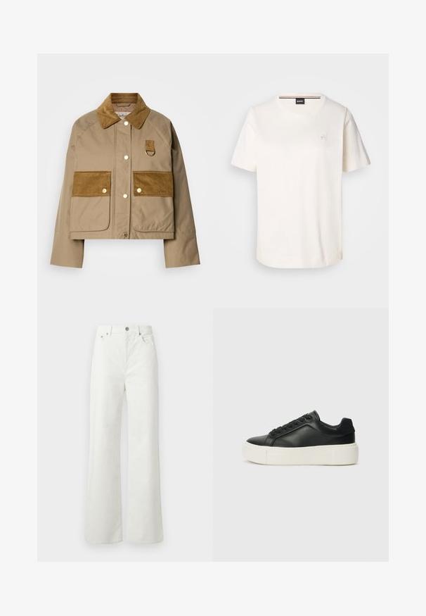 Tan jacket with corduroy collar and pockets. Features brass buttons and a loop detail. Smooth texture with contrasting fabric accents.; White cotton t-shirt with short sleeves, round neckline, and a small logo on the chest. Smooth texture and straight hemline.; Samsøe Samsøe SHELLY - Relaxed fit jeans - clear cream; Black leather sneaker with a rounded toe, white platform sole, and black laces. Features a subtle logo on the heel and smooth texture.