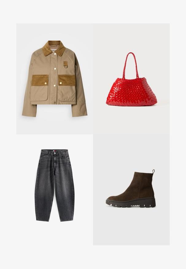 Jachetă bej cu guler din fustă și buzunare. Are butoane din alamă și un detaliu sub formă de buclă. Textură netedă cu accente din țesătură contrastantă.; Polo shirt albastru deschis cu mânecă lungă, cu dungi orizontale gri și alb și guler.; Jeans din denim negri cu talie înaltă și croială lejeră, având cinci buzunare, bucle pentru curea și etichetă de marcă pe talie.; Botină din suede maro, cu o talpă din cauciuc negru masiv, având un toc ușor și o bandă de prindere în spate pentru a fi ușor de îmbrăcat.; Geantă roșie din sfoară cu un finisaj lucios, având mânere împletite. Formă triunghiulară distinctivă și suprafață texturată cu un model strâns.