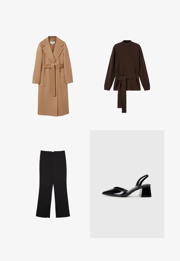 Pitkä, camel-värinen takki pehmeästä kankaasta, beltoitetulla vyötäröllä, leveillä läpillä ja kahdella etutaskulla. Liukas pinta ja muotoiltu malli.; Ruskea neulepaita, jossa on korkea kaula-aukko, pitkät hihat ja yhteensopiva vyö. Pehmeä rakenne ja rento malli.; Mustat housut suoralinjaisella leikkauksella, joissa on etutaskut ja sivurei'ät helman alla. Valmistettu pehmeästä ja sileästä kankaasta. Sopii eri tilaisuuksiin.; Mustat patentoitu nahkakengät, joissa on säären takaosa ja terävä kärki, sekä geometrinen palikkakorko. Sisältää tyylikkään, minimalistisen muotoilun ja sileän pinnan.