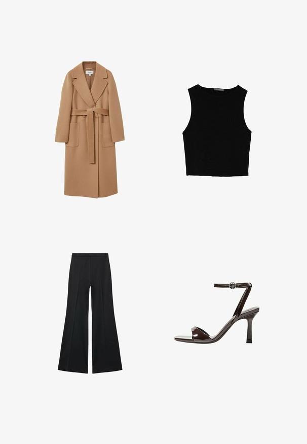 Dlouhý kabát v barvě velbloudí srsti z měkké tkaniny s páskem v pase, širokými klopami a dvěma předními kapsami. Hladká textura a dobře střižený design.; Černý bezsleeve crop top vyrobený z hladké tkaniny, s kulatým výstřihem a čistým, jednoduchým designem bez vzorů nebo kovových doplňků.; Černé kalhoty s širokými nohavicemi a hladkou texturou, s předními sklady a přizpůsobeným střihem. Materiál je lehký a splývavý.; Hnědé lakované kožené sandály na vysokém podpatku s páskem kolem kotníku, otevřenou špičkou a elegantním, minimalistickým designem. Obsahují čtvercový podpatek.