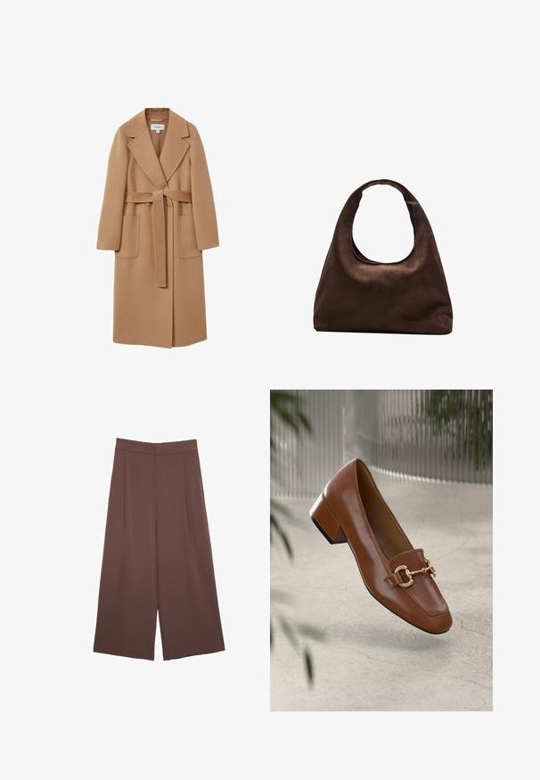 Cappotto lungo color cammello in tessuto morbido con vita con cintura, ampi revers e due tasche frontali. Texture liscia e design sartoriale.; T-shirt marrone a maniche corte realizzato in tessuto morbido, con scollo rotondo e vestibilità comoda. Texture liscia senza motivi o dettagli.; Pantaloni ampi marroni con una texture liscia, caratterizzati da una vita alta e pieghe frontali. Il tessuto è leggero e scorre liberamente.; Mocassino in pelle verniciata marrone con punta quadrata, accentato da catena metallica e tacco basso; texture liscia, design minimalista.; Borsa hobo di un morbido marrone con una sola tracolla larga e un'apertura a manico curvo, esposta su uno sfondo bianco.