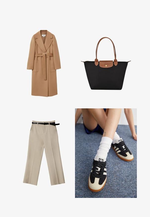 Long, camel-colored coat in soft fabric with a belted waist, wide lapels, and two front pockets. Smooth texture and tailored design.; Beige tank top made of smooth fabric, featuring thin straps and a simple, fitted design with a clean neckline and no patterns.; Beige wide-leg trousers featuring a smooth texture, front pockets, and a black leather belt. Tailored design with crisp pleats.; Black and white athletic shoes with a suede and leather upper, featuring three white stripes and a gum sole. Pair worn with white socks.; Black nylon tote bag with brown leather accents and handles. Features a snap closure and a front pocket with a logo detail.