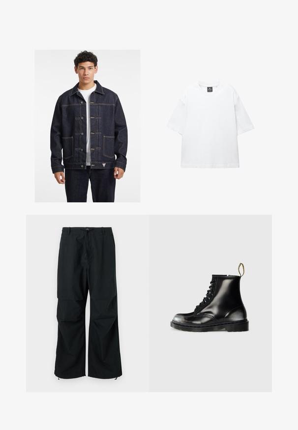Temno modra jeans jakna z gumbom spredaj, dvema žepoma na prsih in kontrastnim rumenim šivom. Ima klasičen ovratnik in sproščen kroj.; Bela majica s kratkimi rokavi iz bombaža, z okroglo ovratnikom in sproščenim krojem ter ravnim robom. Brez vzorcev ali okrasnih elementov.; Črne široke hlače z vrvico v pasu in elastičnimi robovi. Narejene iz lahkotne, teksturirane tkanine. Preprost dizajn.; Črne usnjene gležnjarje s sijajno površino, osem luknjicami, črnimi vezalkami in zanko za pomoč pri obuvanju. Imajo teksturiran podplat z globokim profilom.