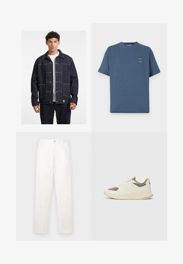 Tume sinine teksajakk, millel on nööpidega esipaneel, kaks rinna taskut ja kontrastne kollane õmblus. Omab klassikalist kraed ja vabalt langevat lõiget.; Sinine puuvillane T-särk klassikalise ümmarguse kaelusega, lühikeste varrukatega, vabalt istuv ning kahel väikesel prinditud logol rinnal. Sile tekstuur.; Valged püksid, mis on valmistatud siledast kangast, sirge jala disainiga, ees olevate voldidega ja ühekordse nupuga vöökohtadel.; Valge ja heledat beeži värvi spordijalats, millel on õhuke võrkmaterjal, perforatsioonidega detailid ning tekstuuriga vahetald, millel on brändi logo kannaosas.