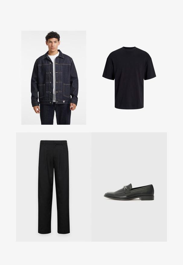 Dunkelblaue Denimjacke mit einer knöpfbaren Vorderseite, zwei Brusttaschen und kontrastierendem gelben Stich. Sie hat einen klassischen Kragen und eine lässige Passform.; Schwarzes Baumwoll-T-Shirt mit Rundhalsausschnitt, kurzen Ärmeln und lässiger Passform. Glatte Oberflächenstruktur und keine sichtbaren Muster oder Akzente.; Schwarze Hose aus glattem Stoff, mit geradem Bein Design, zwei vorderen Falten und einem Standardbund mit Gürtelschlaufen.; Schwarzer Lederloafer mit glatter Oberfläche, ausgestattet mit einer gesteppten Gestaltung und einem dekorativen Metallkettendetail über dem Vorderblatt. Flacher Absatz.