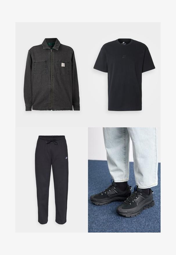 Must tehaepeaga must zip-up jakk, millel on kaks rinna taskut ja krae, ning mille paremasse taskusse on kinnitatud väike valge ristkülikukujuline silt.; Nike musta mustast puuvillast T-särk klassikalise ümmarguse kaelusega, lühikeste varrukatega ja õrna, reljeefse logoga rinnal. Sile tekstuur.; Mustad mustad, pehmest kangast, elastse vöökoha, nööriga ja väikese Nike logo'ga vasakul reiel.; Mustad mustad jooksukingad, millel on tekstureeritud kangas ja kummist tallad, elastsed nöörid ning sinine aksent kandadel. Kandmine heledate teksadega.