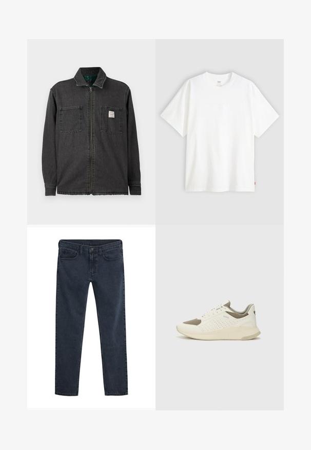 Svart hettejakke med to brystlommer og krage, med et lite hvitt rektangulært merke på høyre lomme.; Hvit t-skjorte med korte ermer laget av bomull, med rund hals. Har diskret preget logo detalj foran og en rød etikett på kanten.; Mørkeblå denimjeans med smal passform, fem-lommers design, knappelukking og en subtil slitt tekstur gjennom hele stoffet.; Hvit og lysebeige treningssko, med en mesh-overdel, perforerte detaljer og en teksturert mellomsåle med merkevare på hælen.
