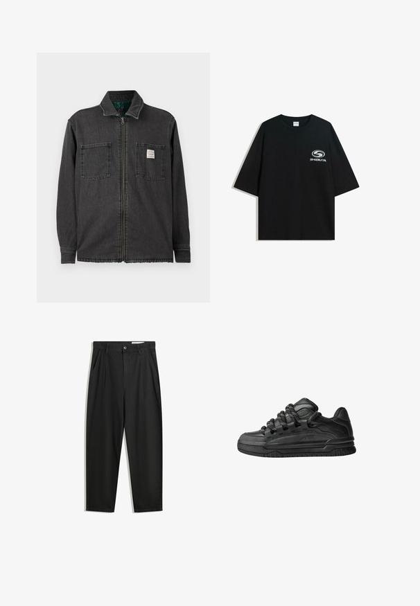 Črna jakna z zadrgo, ki ima dva žepa na prsih in ovratnik, z majhnim belim pravokotnim oznako na desnem žepu.; Črna prevelika bombažna majica z okroglo ovratnico in kratkimi rokavi, z belim logotipom "Shibuya" natisnjenim spredaj.; Črne bombažne hlače s sproščenim krojem, ki vključujejo klasičen pas, sprednje gube in stranske žepke. Gladka tekstura brez vzorcev.; Črne superge z gladkim usnjenim zgornjim delom, teksturiranimi detajli in okroglimi črnimi ter belimi vezalkami. Debel gumijast podplat z vzorčastim profilom.