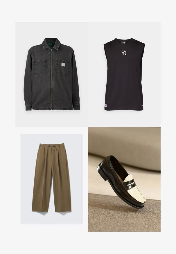 Črna jakna z zadrgo, ki ima dva žepa na prsih in ovratnik, z majhnim belim pravokotnim oznako na desnem žepu.; Črna majica brez rokavov iz gladkega materiala, ki ima belo vezeno logo in majhno oznako logo na robu.; Hlače širokih nogavic v olivno zeleni barvi, izdelane iz mehkega materiala z elastičnim pasom in nastavljivim vrvico. Imajo dve stranski žepi.; Črne usnjene loafersice s kremasto barvo na zgornjem delu in črnimi akcentnimi črtami, ki imajo nizko peto in podrobno šivanje ob robovih.