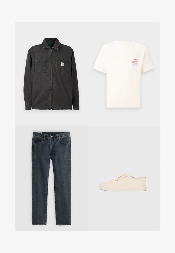 Črna jakna z zadrgo, ki ima dva žepa na prsih in ovratnik, z majhnim belim pravokotnim oznako na desnem žepu.; Bela majica s kratkimi rokavi z rdečim napisom "Studio Originals Edition" na levi strani prsnega koša, prikazana na nevtralnem sivo backgroundu.; Temno modri kavbojki z ravnim krojem, petimi žepi in zaklepanjem na gumb. Tkanina ima subtilno bledenje in teksturo.; Bež platneni športni copati z okroglo konico, ravnim gumijastim podplatom in vezalkami spredaj. Imajo minimalističen dizajn in kontrastni črn akcent na peti.