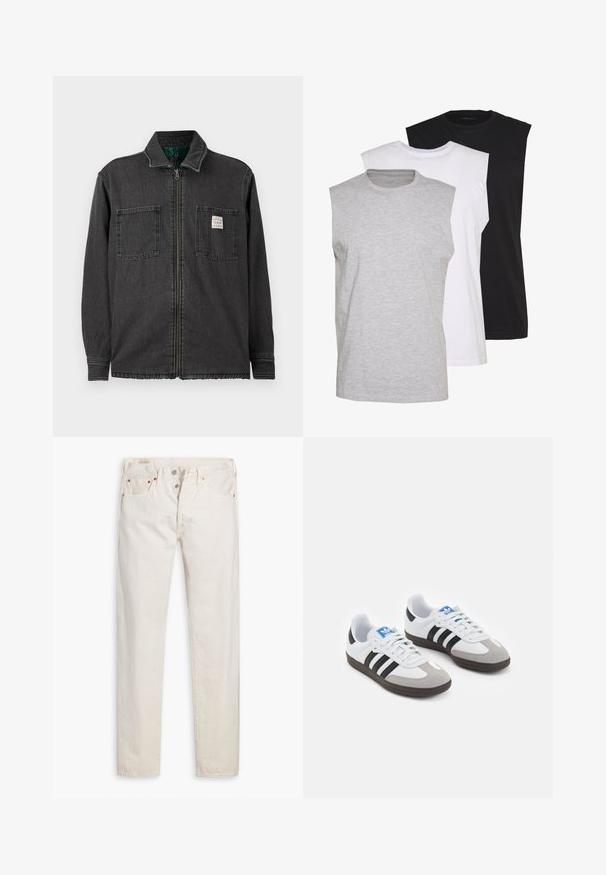 Black zip-up jacket with two chest pockets and a collar, featuring a small white rectangular label on the right pocket.; Three sleeveless t-shirts in gray, white, and black. Soft cotton material with a crew neck and relaxed fit. Simple design, no patterns.; Off-white high-rise slim-fit jeans with button fly, five pockets, and copper rivets, laid flat on a white background.; Sport shoes with a white leather upper, gray suede toe, and three black stripes. Features a blue logo on the tongue and a textured rubber sole.
