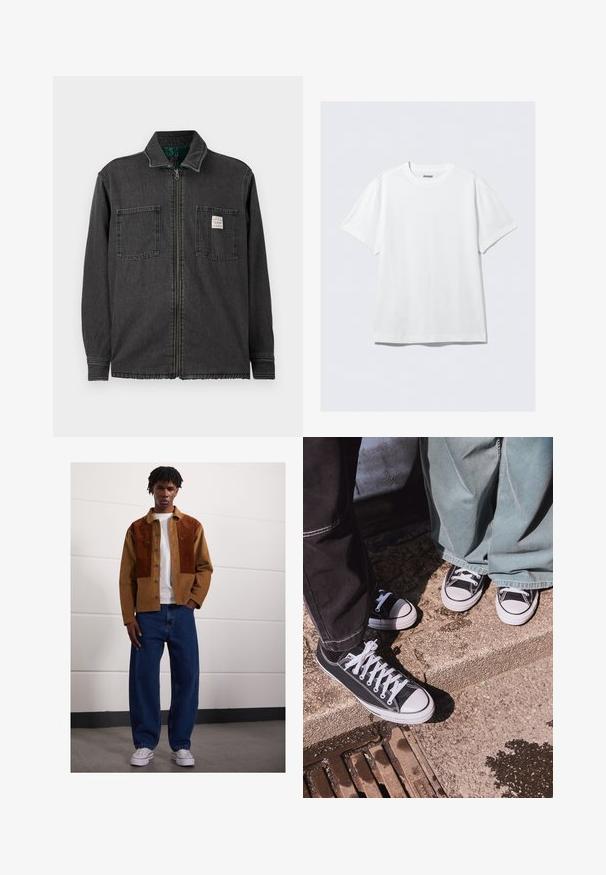 Must tehaepeaga must zip-up jakk, millel on kaks rinna taskut ja krae, ning mille paremasse taskusse on kinnitatud väike valge ristkülikukujuline silt.; Valge lühikeste varrukatega T-särk, mis on valmistatud pehmest puuvillast. Omab ümarat kaelaauku ja lõdva lõiget, sileda tekstuuri ning puhtat, ilma kaunistusteta disaini.; Mees seisab siseruumides, kandes pruuni rubriikjakki roosteplekkidega, valget T-särki, lahtisi siniseid teksaseid ja valgeid spordijalanõusid.; Mustad musta kangaga madalate tossudega, valgete kummist varvaste ja paeltega, kombineerituna laia rohelise denimpüksiga, tekstureeritud kivi pinna peal.