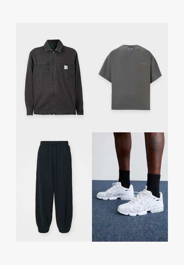 Črna jakna z zadrgo, ki ima dva žepa na prsih in ovratnik, z majhnim belim pravokotnim oznako na desnem žepu.; Siva prevelika majica kratkih rukava iz meke pamučne mešavine s okruglim izrezom i suptilnim logotipom na grudima. Glatka tekstura tkanine.; Črne, elastične hlače za prosti čas z ohlapnim krojem, manšetami na gležnjih, gladko teksturo in brez vidnih vzorcev ali dodatkov.; Bela športna obutev z mrežasto zgornjim delom, teksturiranimi detajli in oblazinjenim podplatom. V kombinaciji s črnimi rebrastimi gležnjarji na modri preprogi.