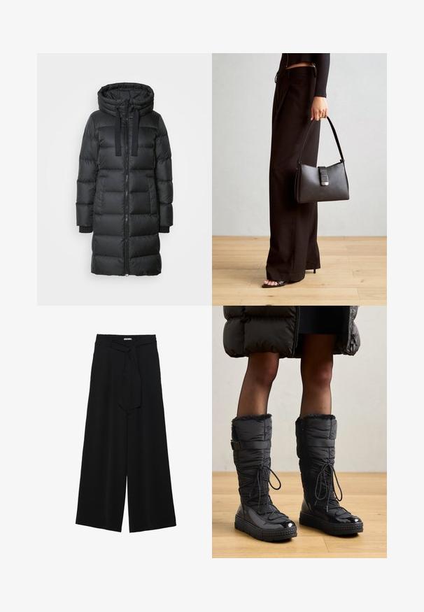 Marc O'Polo Daunenmantel - black; Schwarzes Kurzarmoberteil aus glattem Material, mit einem Peplum-Design und einem taillierten Bund, der mit zwei runden, silberfarbenen Knöpfen ausgestattet ist.; Schwarze weite Hosen aus strukturiertem Stoff, mit elastischem Bund und einem abnehmbaren Bindegürtel in der Taille für eine verstellbare Passform.; Knöchelhohe schwarze Pufferstiefel mit Kunstfellbesatz, glänzendem wasserfestem Obermaterial, strukturiertem Sohlenprofil und verstellbaren Schnürdetails.; Schwarze Handtasche mit strukturierter Form, glatter Textur und einem metallischen Verschluss. Kombiniert mit weiten schwarzen Hosen und offenen Sandalen auf einem Holzboden.