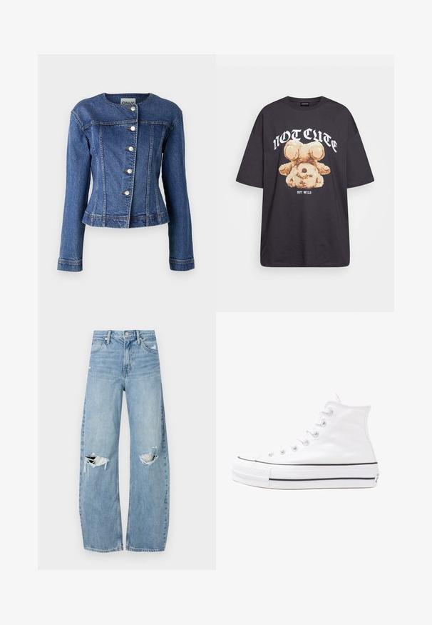 Casaco de ganga azul-escuro, com decote redondo, mangas longas, fecho de cinco botões e ligeira desfiagem na bainha.; T-shirt oversized preto com uma gráfica de um urso e o texto "NÃO FOFO, MAS SELVAGEM" em letras brancas e em negrito. Material em algodão.; Jeans de lavagem clara, de cintura alta, feitos de denim. Apresentam pernas largas, duas áreas rasgadas nos joelhos e o estilo clássico de cinco bolsos.; Sapatilha alta de tela branca com sola de borracha preta, bico de borracha na frente e seis ilhós para os atacadores, apresentando um design limpo e minimalista.