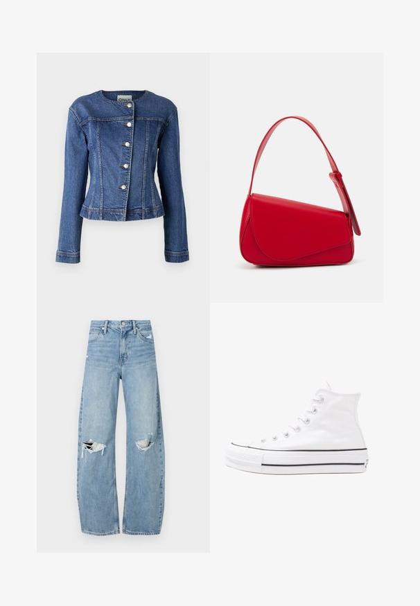 Dongerijakke i mørk blå, med rund hals, lange ærmer, fem knaplukninger og let slid i kanten.; Svart oversized t-skjorte med en grafikk av en bjørn og teksten "IKKE SØT, MEN VILL" i fet, hvit skrift. Laget av bomull.; Lyseblå høytlivsjeans laget av denim. Har vide bein, to revne knær og klassisk fem-lommers design.; Hvit høy-skinn kanvas sneakers med svart gummisåle, gummitåhette foran og seks hull for snorer, med et rent, minimalistisk design.; Rød lærveske med en vinklet, geometrisk design. Har en enkelt justerbar stropp og en klaffelukking med sydd detaljer.